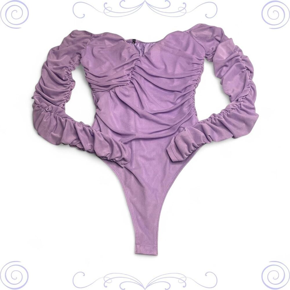 Purple Ruched Long Sleeve Off The Shoulder Bodysuit